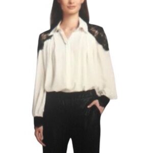 EUC Alice + Olivia Lace Detail Silk Blouse In Ivory - Size S